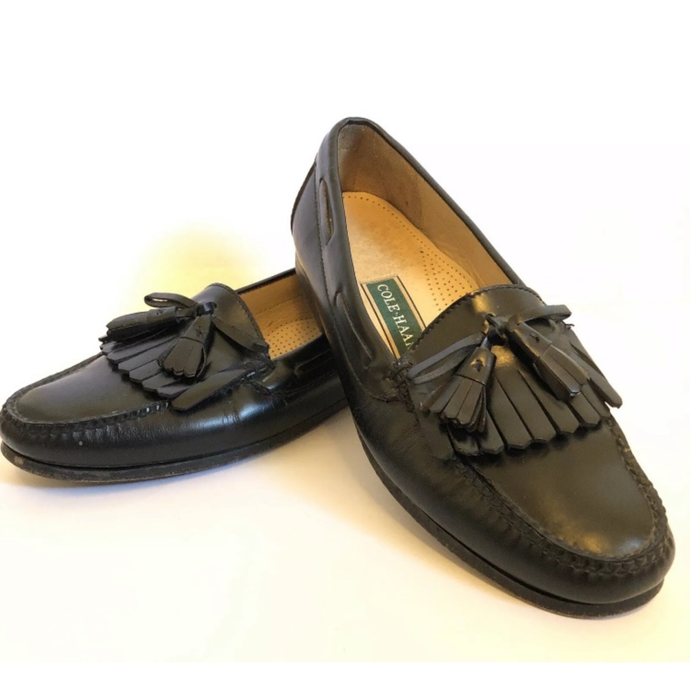 Cole Haan Black Leather Kiltie Loafers